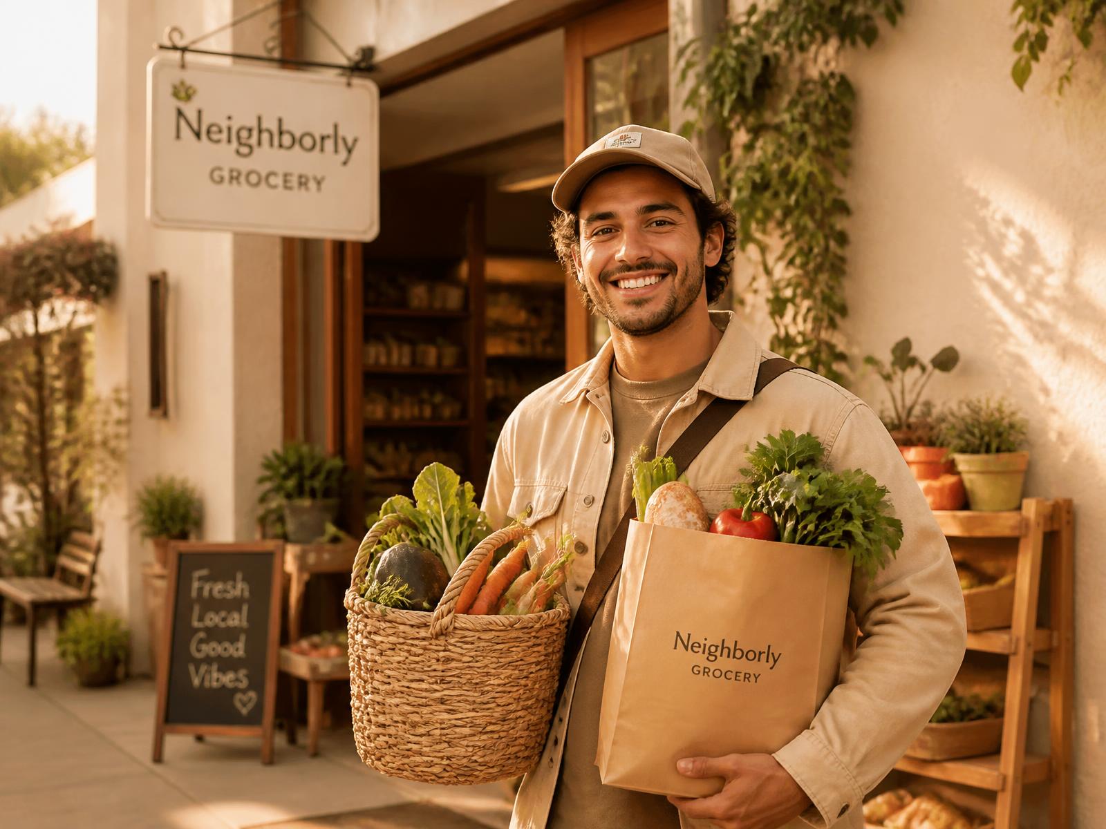 Livreur Qwicdrop avec un panier de produits frais devant une épicerie de quartier